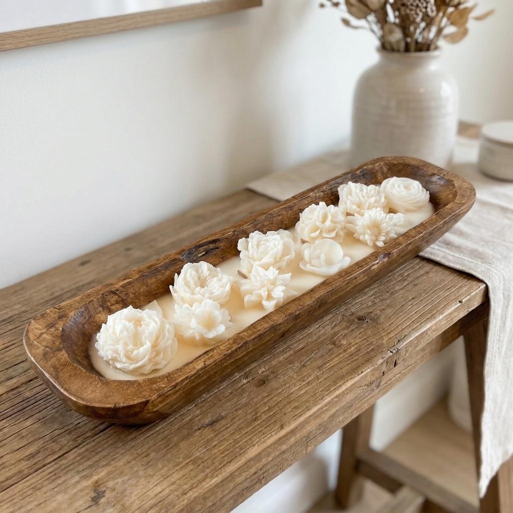 20" Ivory Creamy Vanilla Scented Six Wick Candle In Brown Distressed Wood Oval Dough Bowl