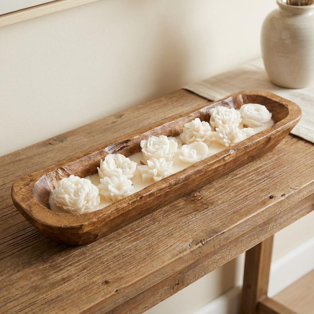 20" Ivory Coconut Hibiscus Scented Six Wick Candle In Brown Distressed Wood Oval Dough Bowl