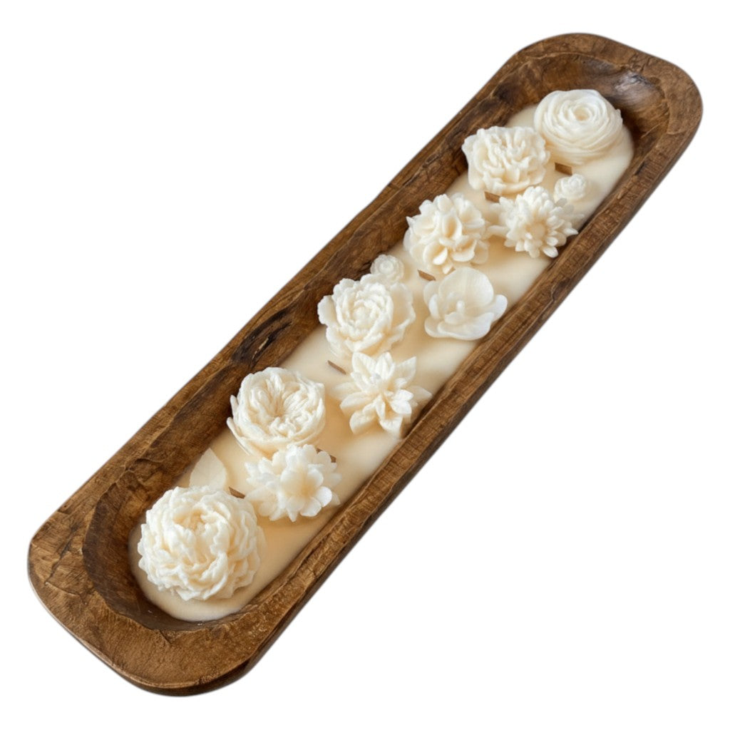 20" Ivory Clean Cotton Scented Six Wick Candle In Brown Distressed Wood Oval Dough Bowl