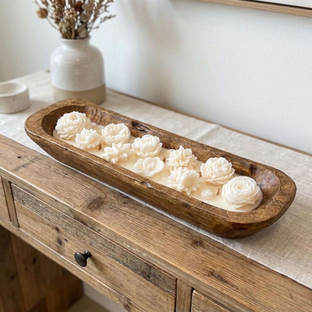 20" Ivory Spring Rain Scented Six Wick Candle In Brown Distressed Wood Oval Dough Bowl