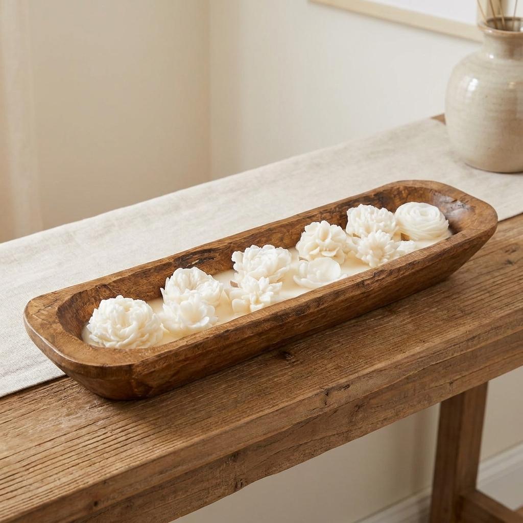 20" Ivory Gardenia Tuberose Scented Six Wick Candle In Brown Distressed Wood Oval Dough Bowl