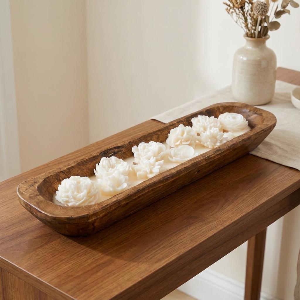 20" Ivory Citron And Mandarin Scented Six Wick Candle In Brown Distressed Wood Oval Dough Bowl