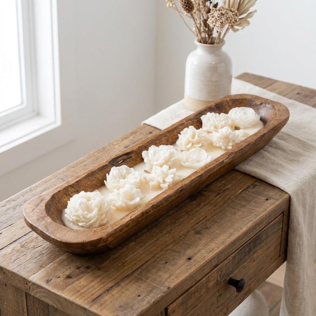 20" Ivory Sun And Sea Scented Six Wick Candle In Brown Distressed Wood Oval Dough Bowl