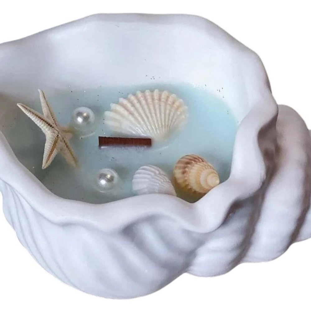 6" Light Blue Unscented Soy Wax Candle In White Resin Novelty Holder With Seashells