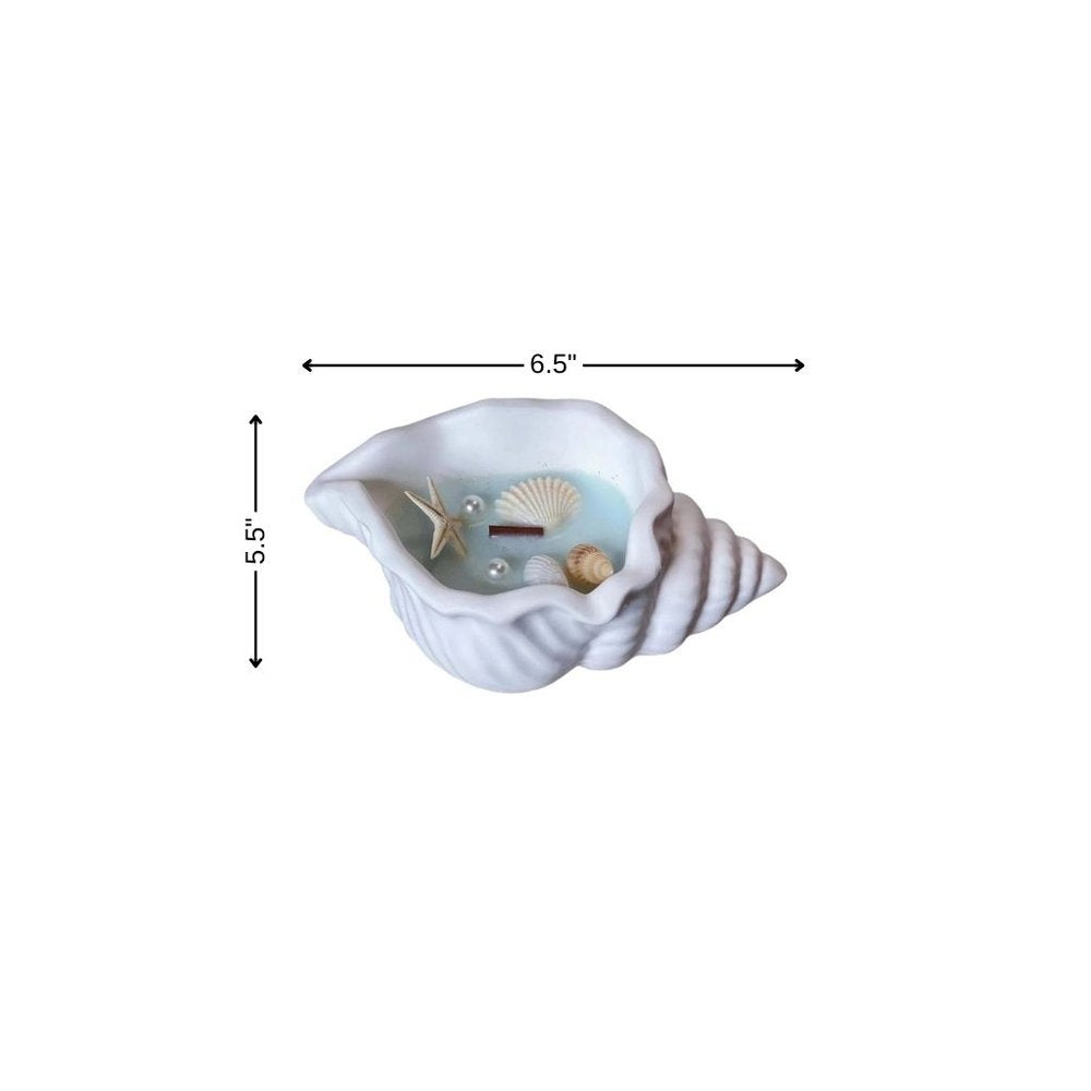 6" Light Blue Unscented Soy Wax Candle In White Resin Novelty Holder With Seashells