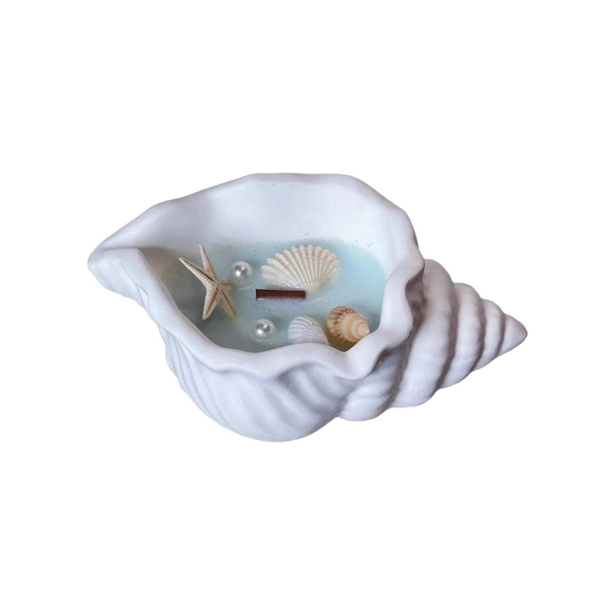 6" Light Blue Sea Salt And Orchid Scented Candle In White Resin Novelty Holder With Shells