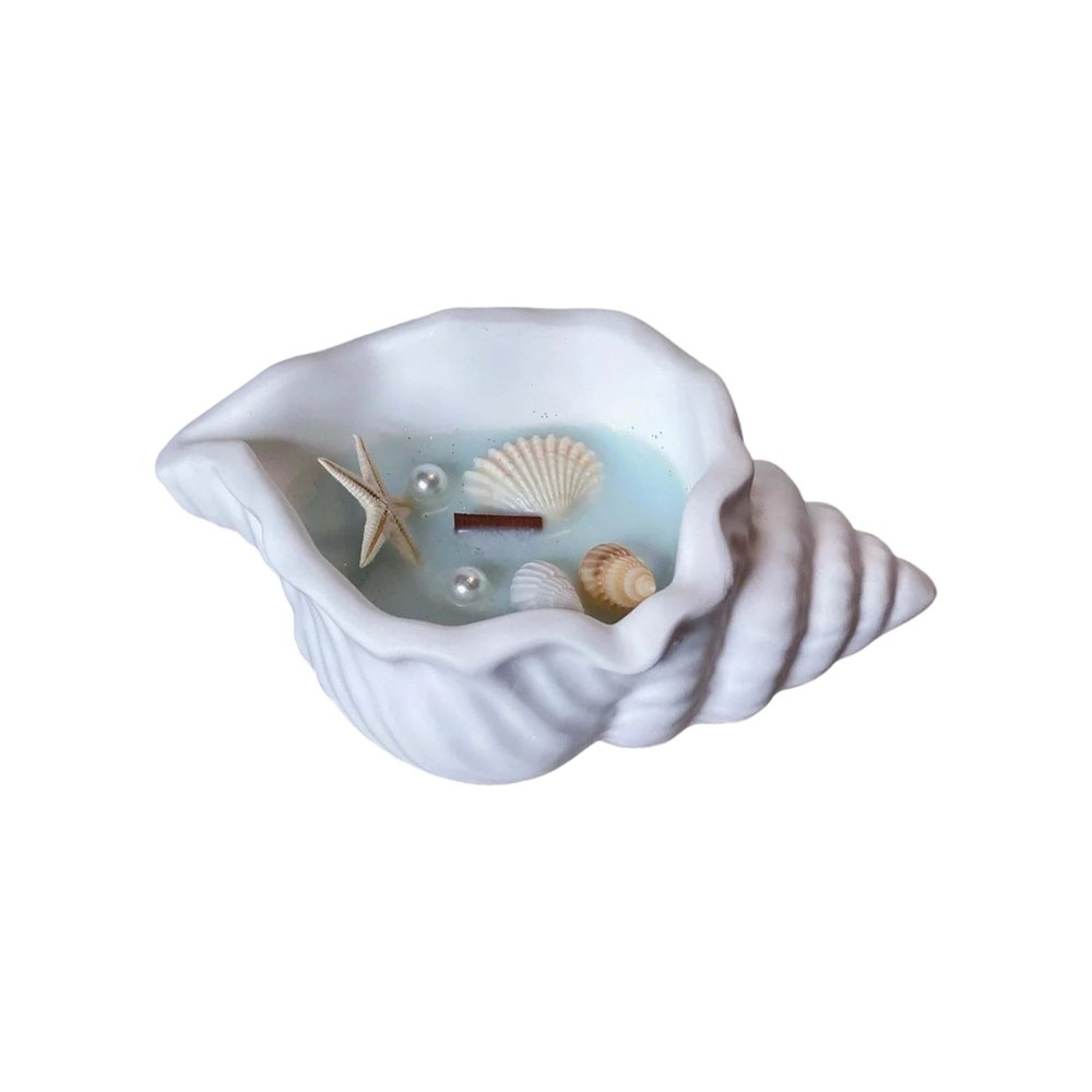 6" Light Blue Sea Salt And Orchid Scented Candle In White Resin Novelty Holder With Shells