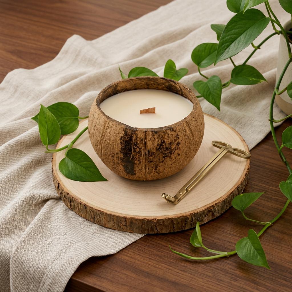 4" Ivory Coconut And Hibiscus Scented Candle In Brown Coconut Shell Holder