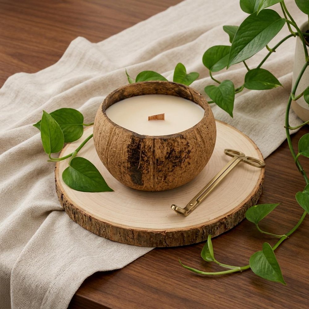 4" Ivory Orchid And Sea Salt Scented Candle In Brown Coconut Shell Holder