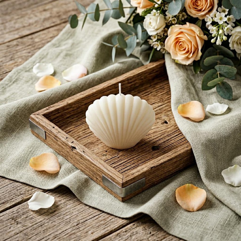 4" Ivory Black Ice Scented Dimensional Seashell Candle