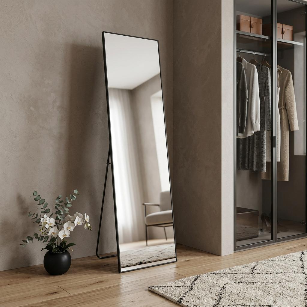 59" Black Aluminum Freestanding And Wall Mounted Framed Full Length Mirror
