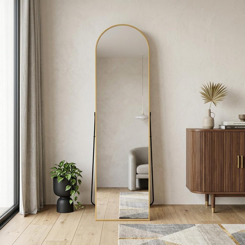 59" Black Aluminum Arch Freestanding And Wall Mounted Framed Full Length Mirror