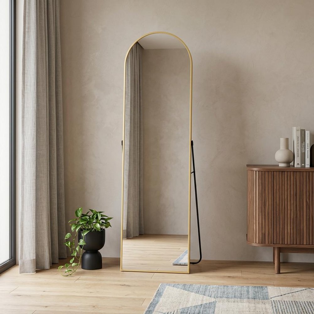 64" Black Aluminum Arch Freestanding And Wall Mounted Framed Full Length Mirror