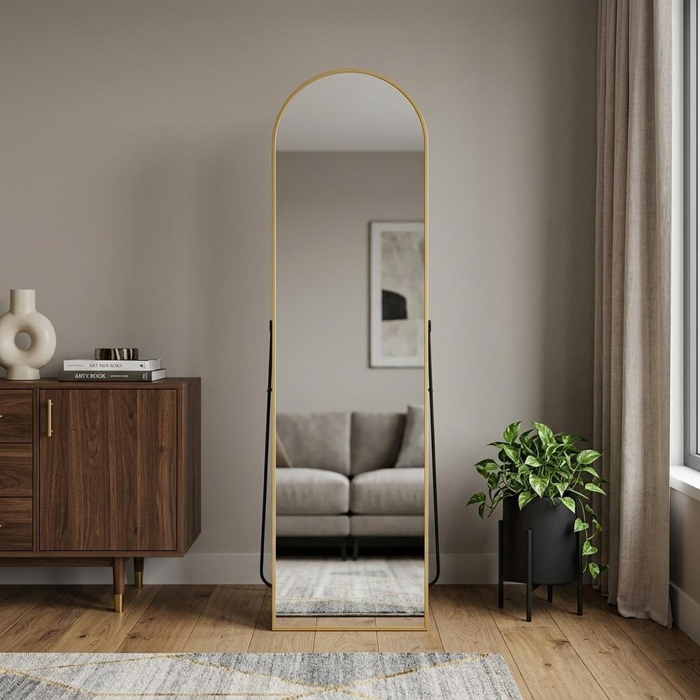 56" Black Aluminum Arch Freestanding And Wall Mounted Framed Full Length Mirror