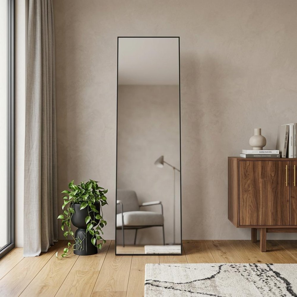 56" Black Aluminum Freestanding And Wall Mounted Framed Full Length Mirror
