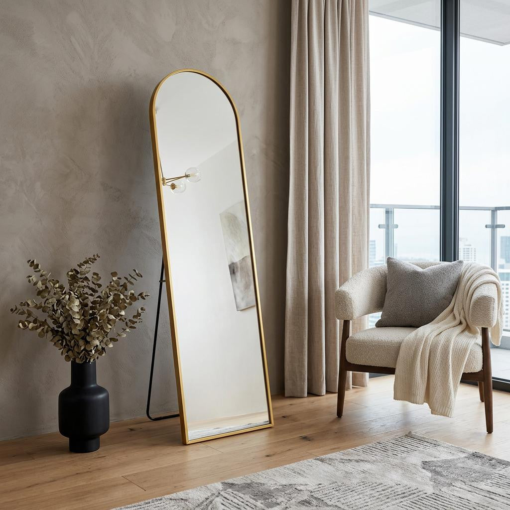 57" Gold Aluminum Arch Freestanding And Wall Mounted Framed Full Length Mirror