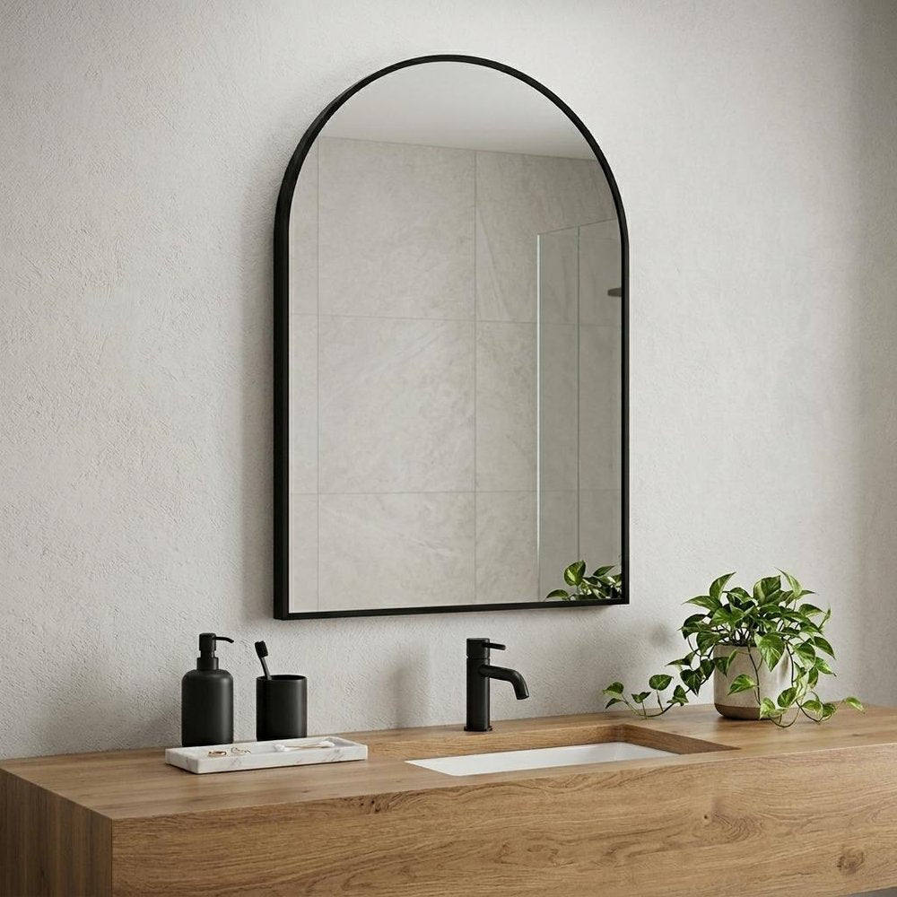 35" Black Aluminum Arch Framed Anti Fog Accent Mirror