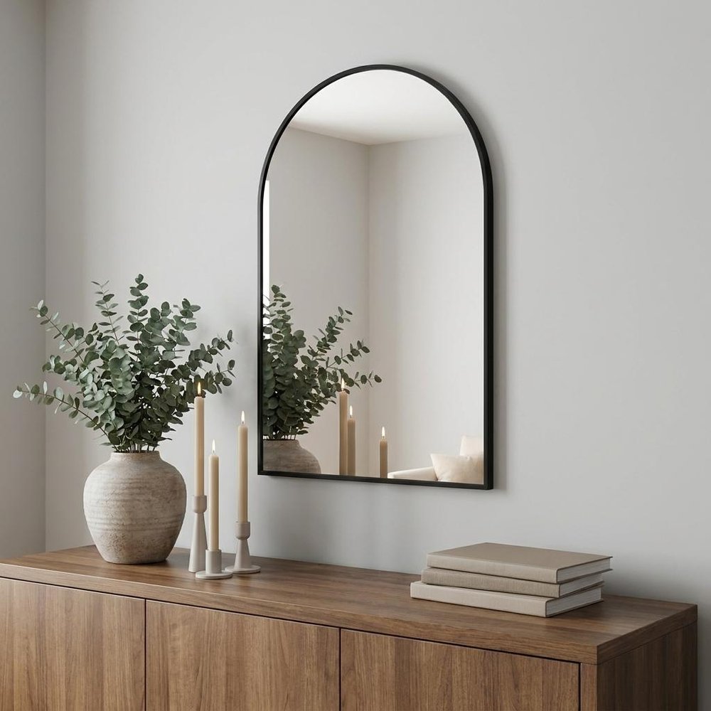 35" Black Aluminum Arch Framed Anti Fog Accent Mirror