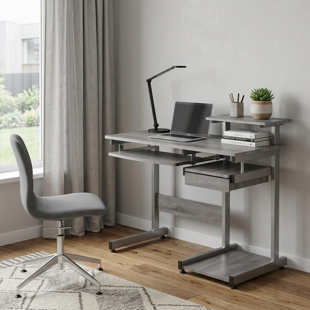 38" Gray and Silver Wood and Steel Sled Computer Desk