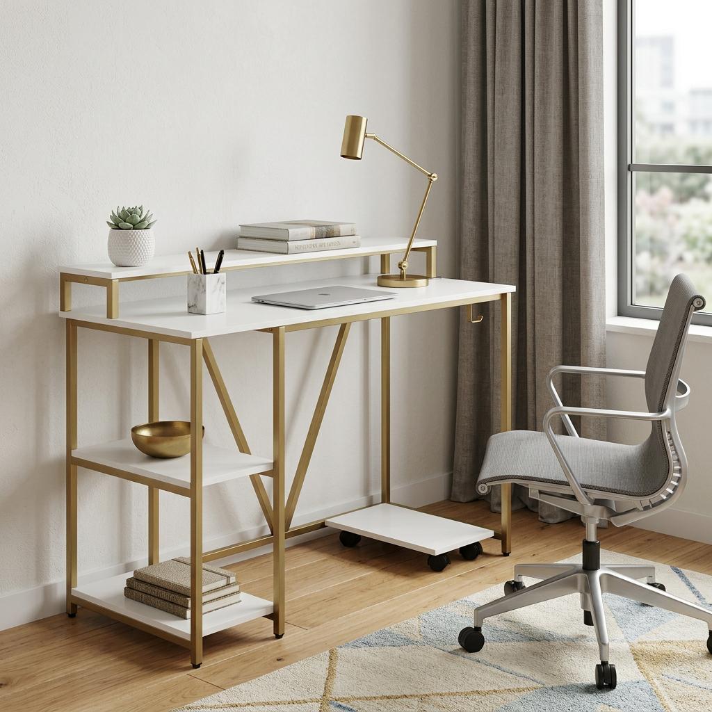 47" White and Gold Wood and Steel Pedestal Computer Desk