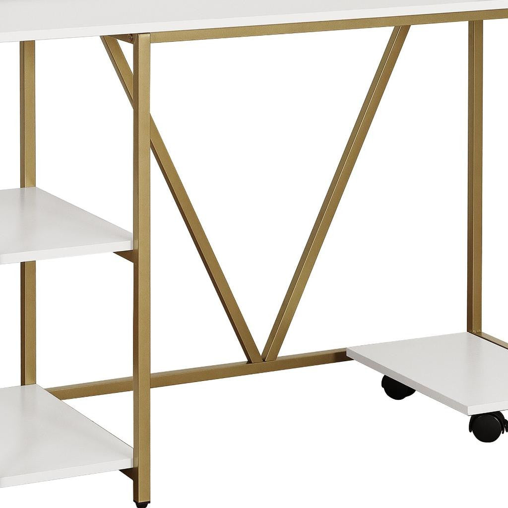 47" White and Gold Wood and Steel Pedestal Computer Desk