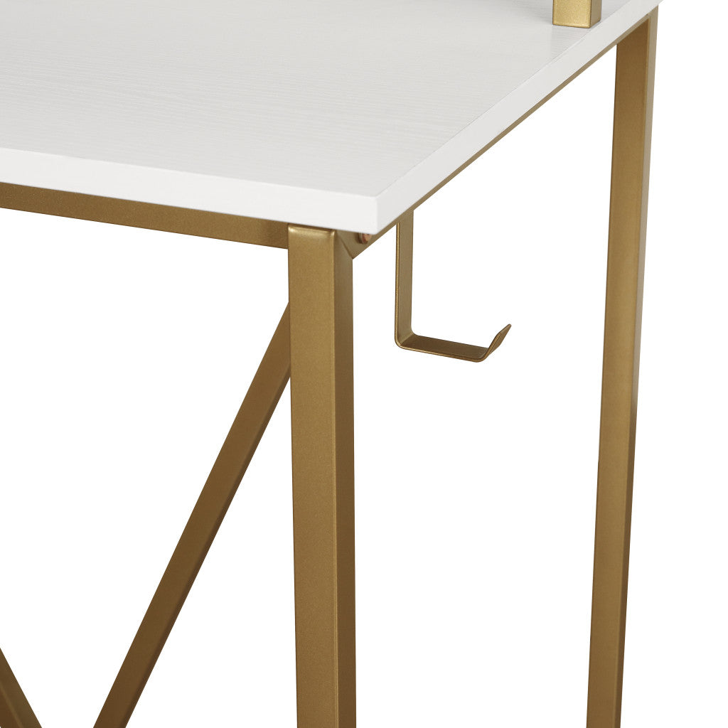 47" White and Gold Wood and Steel Pedestal Computer Desk