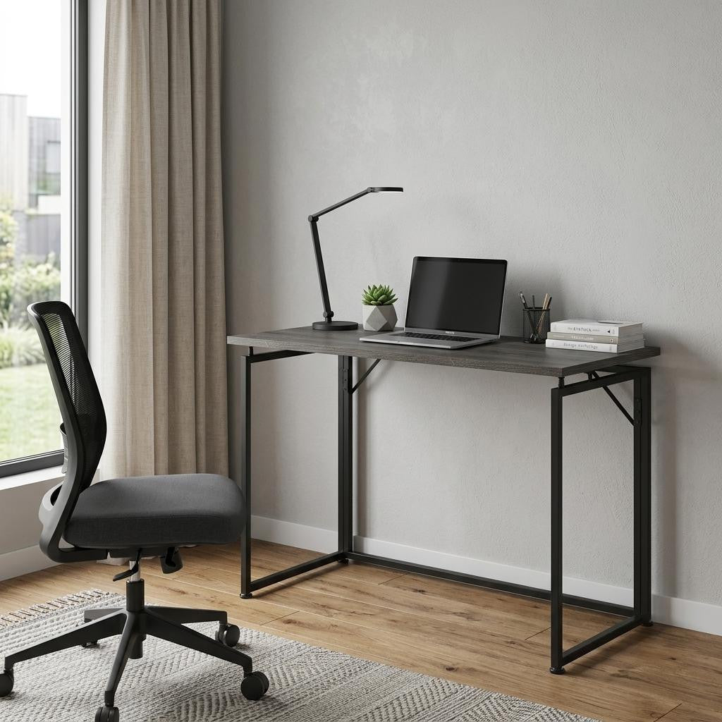 40" Gray and Black Wood and Steel Folding Computer Desk