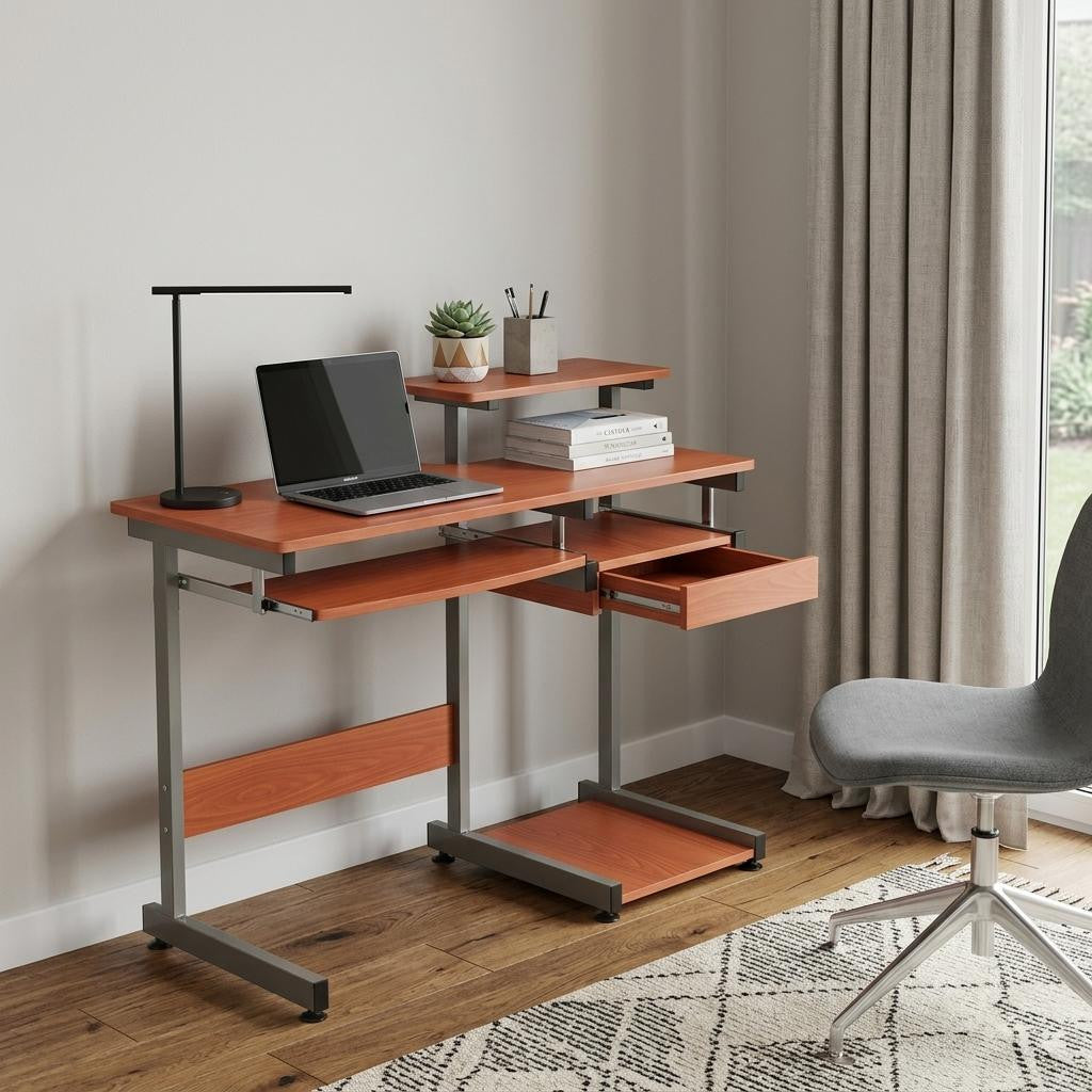 38" Oak and Silver Wood and Steel Sled Computer Desk