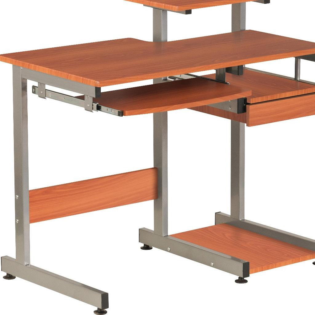 38" Oak and Silver Wood and Steel Sled Computer Desk