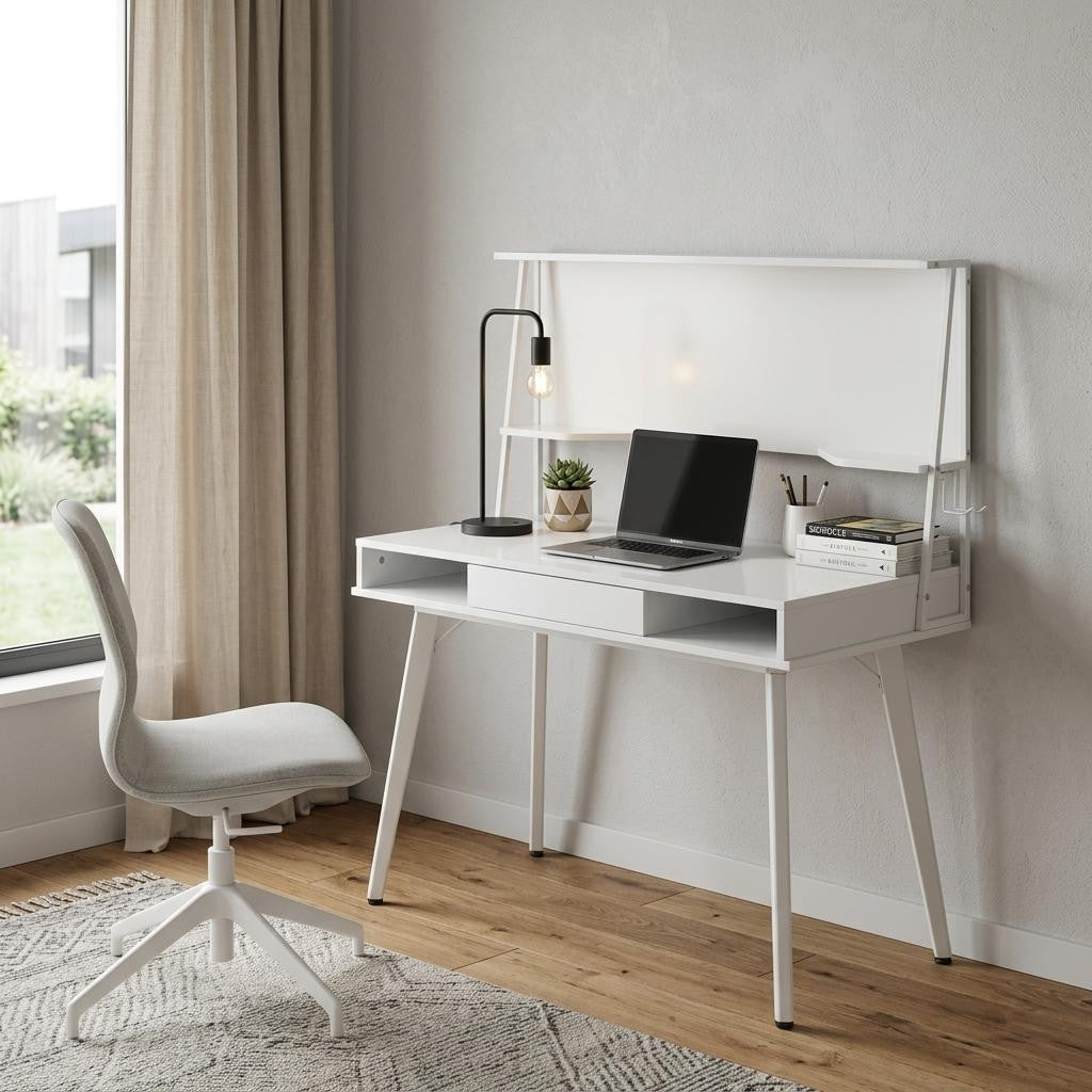 47" White Wood Computer Desk With Magnetic Dry Erase Board