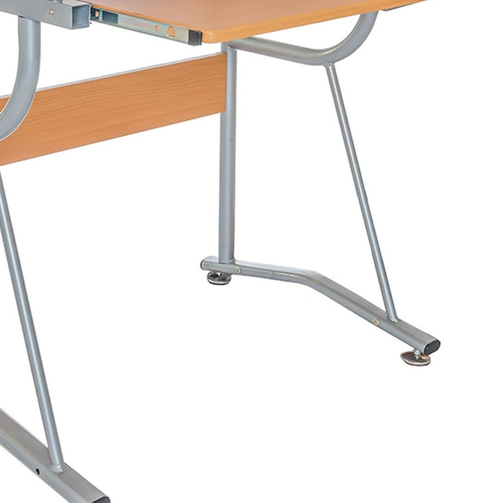 43" Oak and Silver Wood and Steel Computer Desk