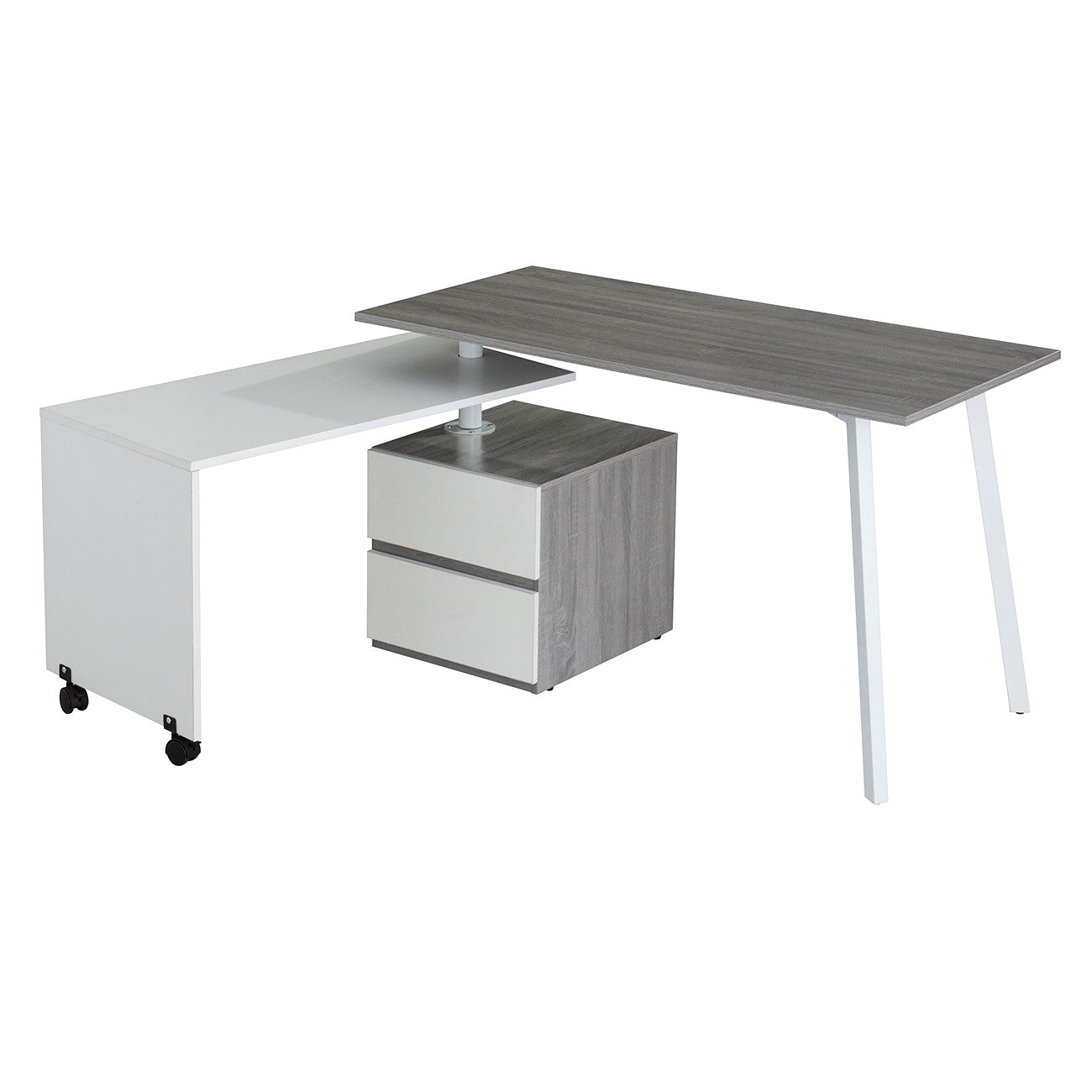 58" Gray and White Wood Adjustable Position Computer Desk With Two Drawer Cabinet