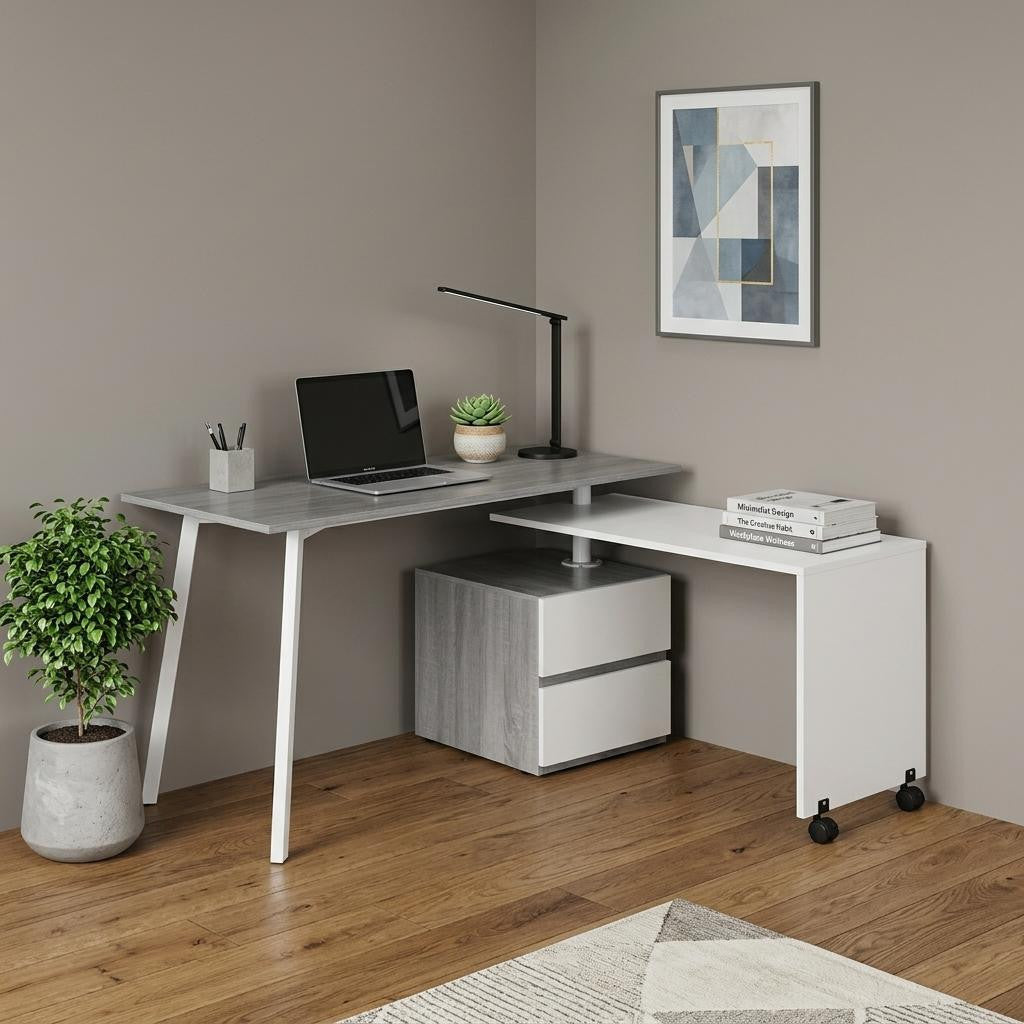 58" Gray and White Wood Adjustable Position Computer Desk With Two Drawer Cabinet