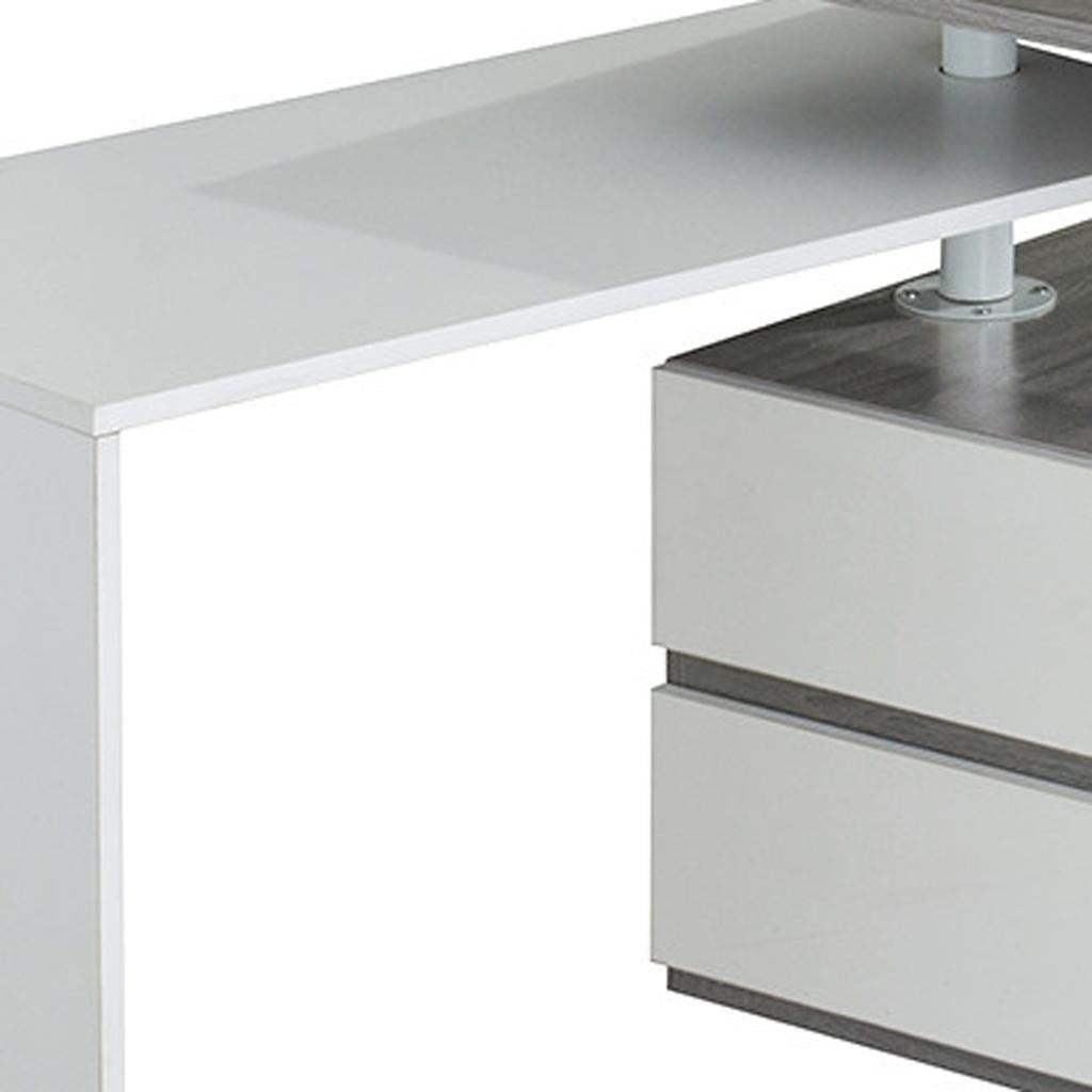 58" Gray and White Wood Adjustable Position Computer Desk With Two Drawer Cabinet