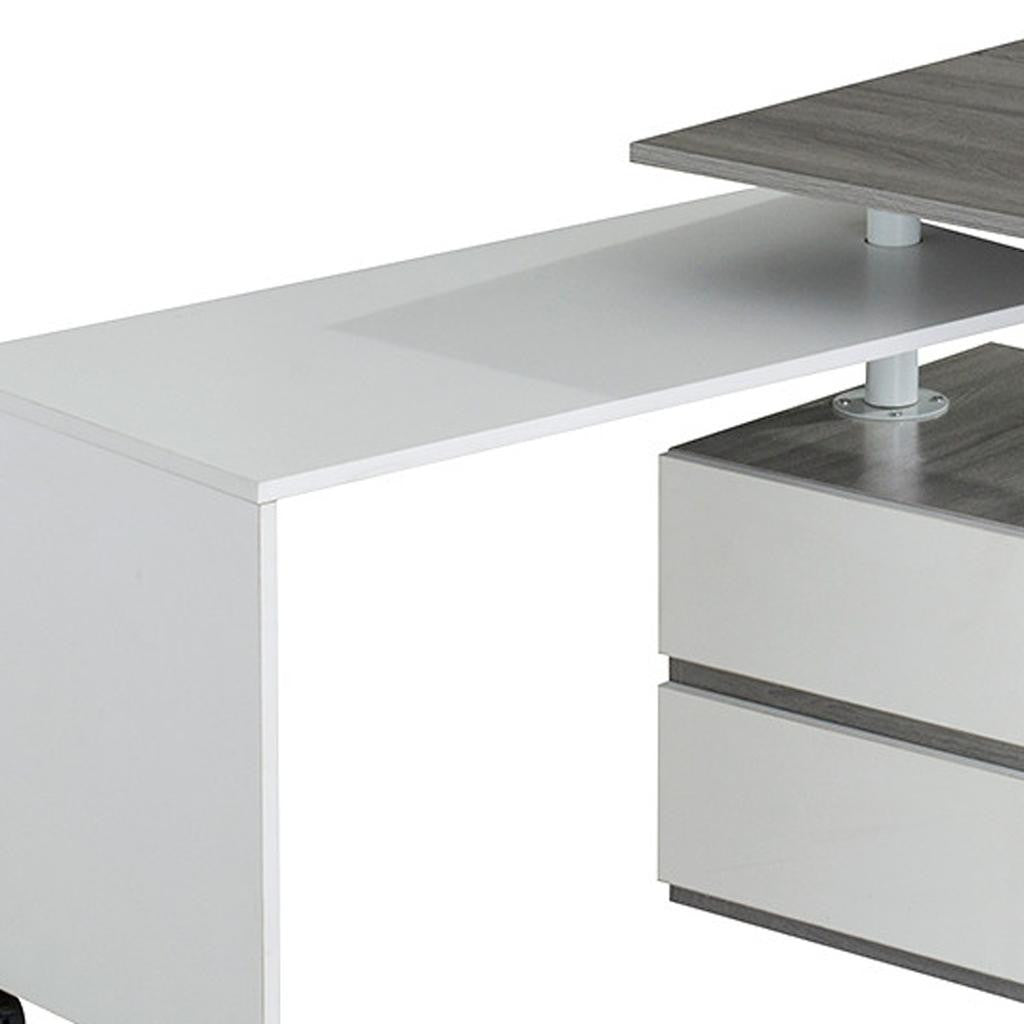 58" Gray and White Wood Adjustable Position Computer Desk With Two Drawer Cabinet