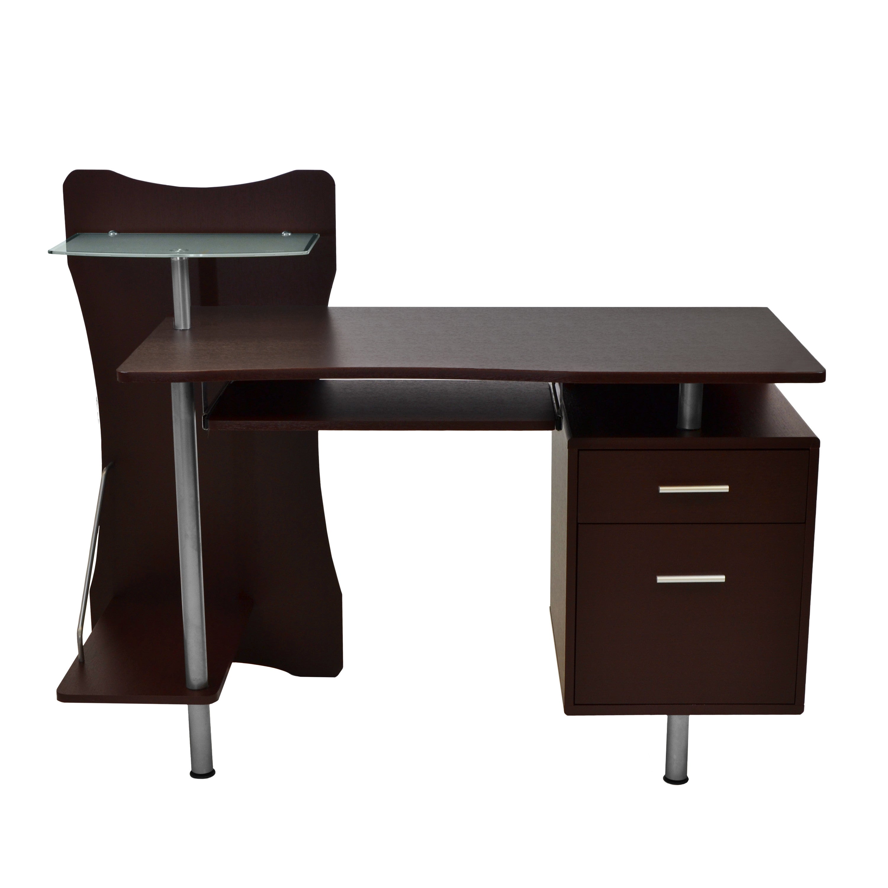 51" Chocolate and Silver Wood and Steel Pedestal Computer Desk With Two Drawers