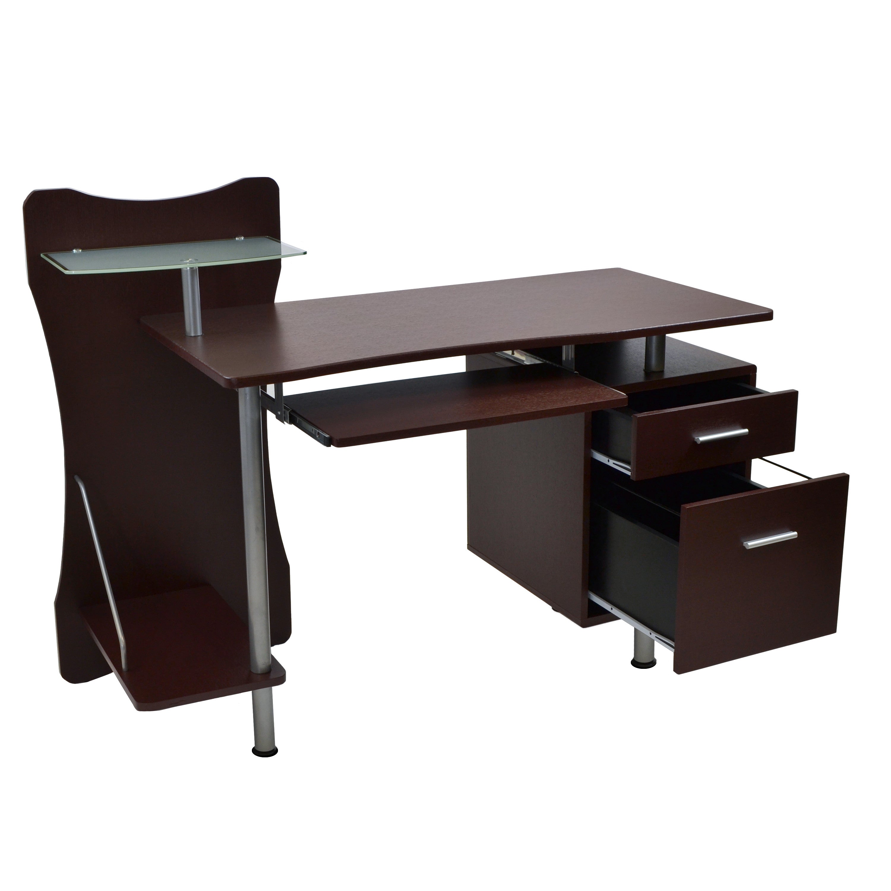 51" Chocolate and Silver Wood and Steel Pedestal Computer Desk With Two Drawers