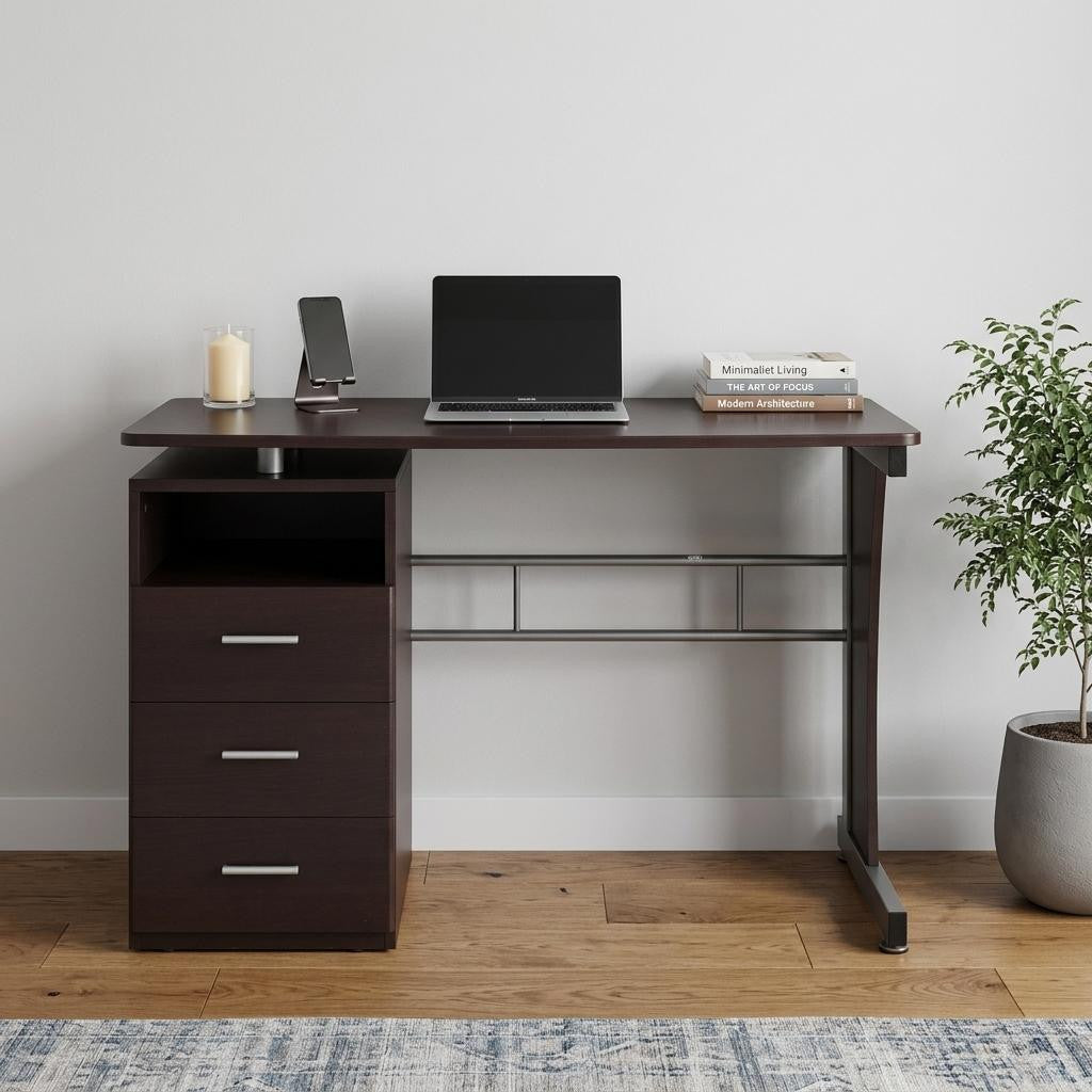 48" Chocolate Wood and Steel Pedestal Computer Desk With Three Drawers