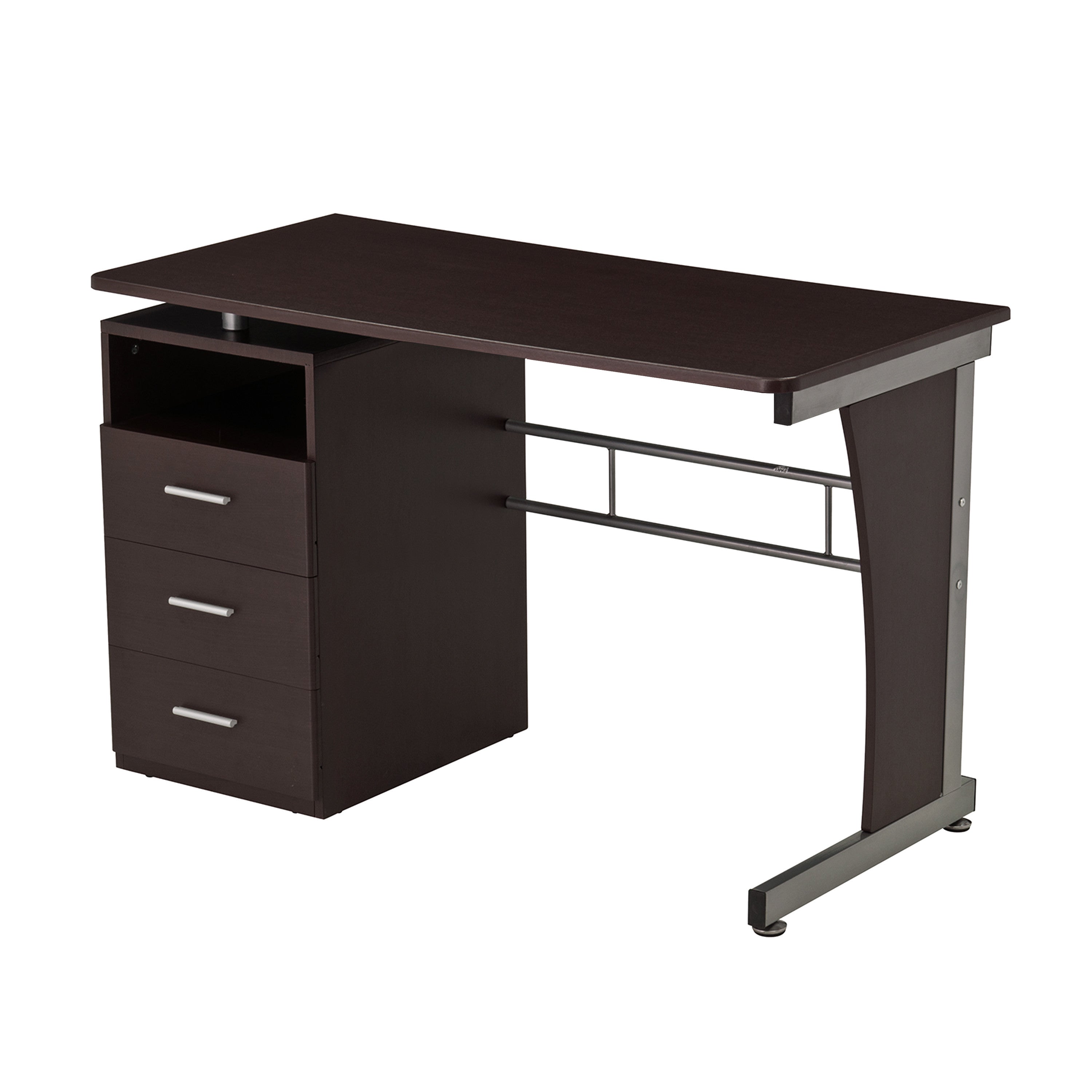 48" Chocolate Wood and Steel Pedestal Computer Desk With Three Drawers