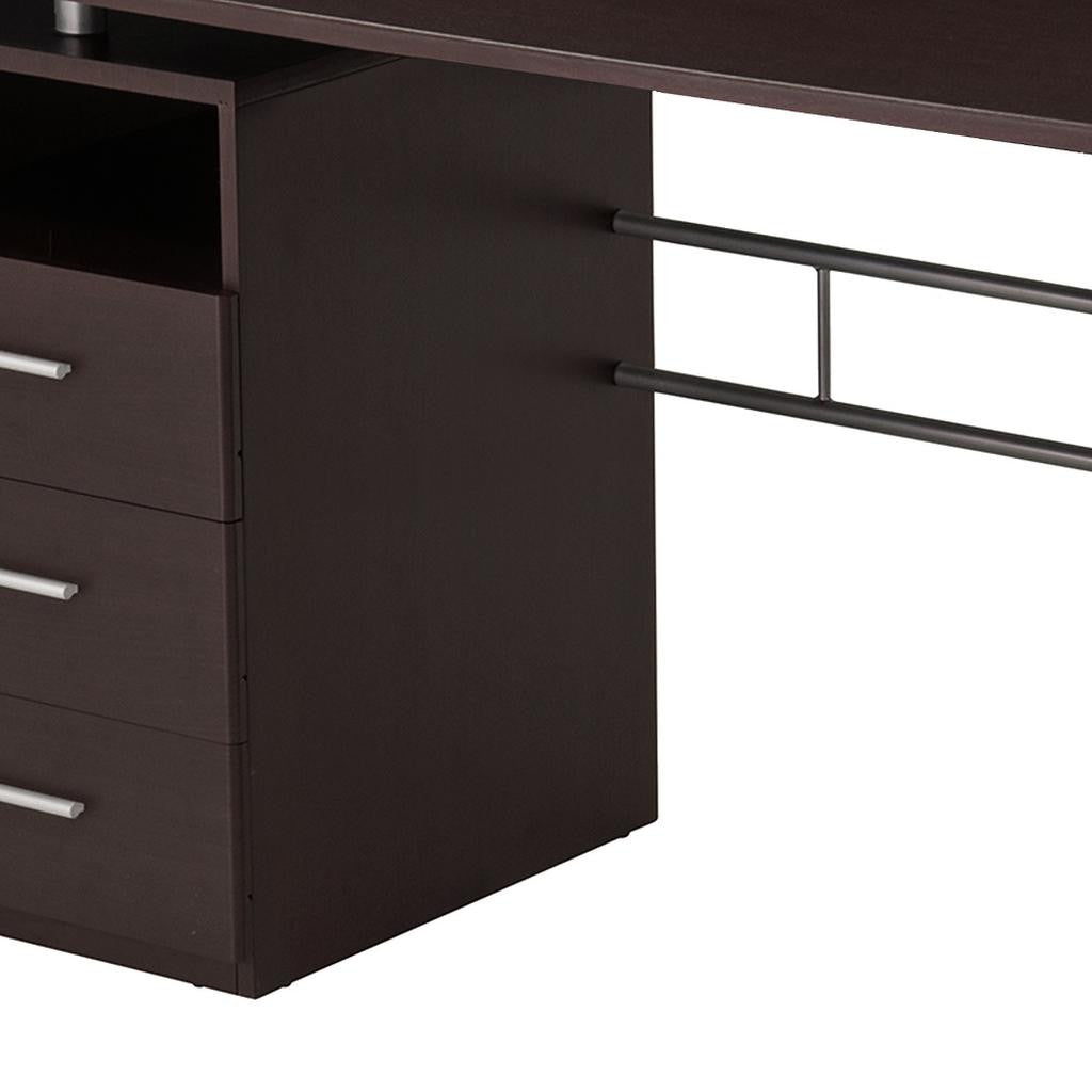 48" Chocolate Wood and Steel Pedestal Computer Desk With Three Drawers