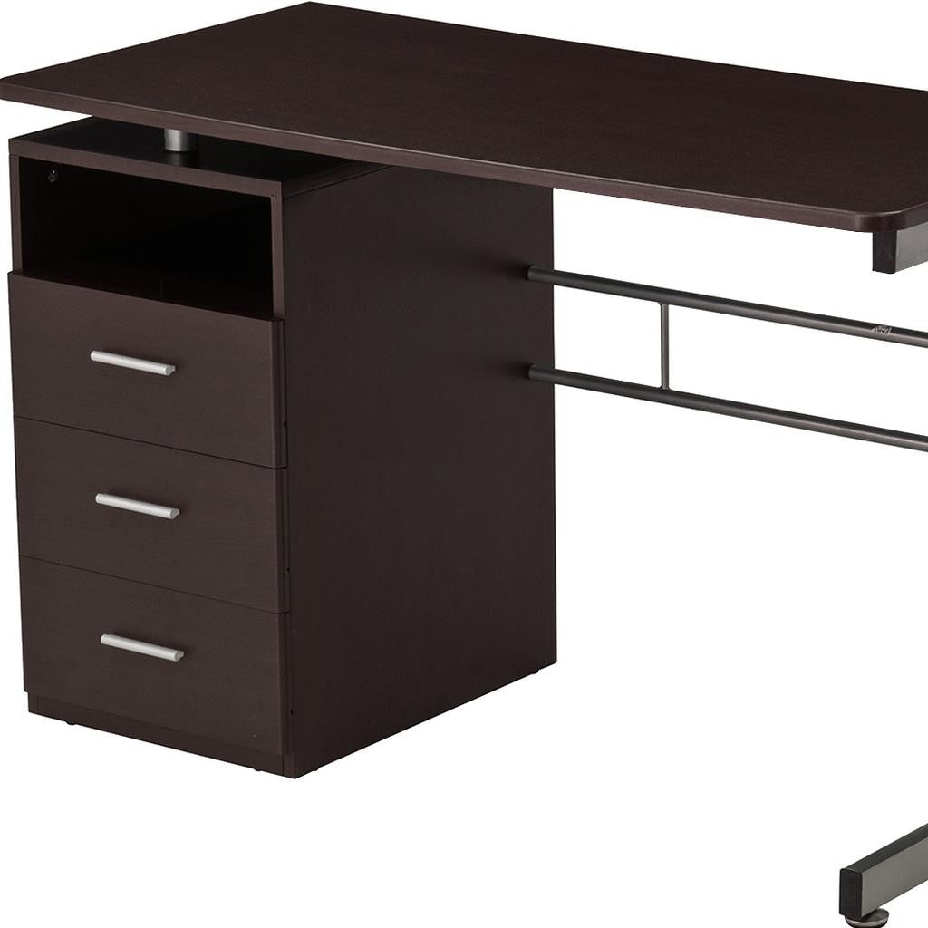 48" Chocolate Wood and Steel Pedestal Computer Desk With Three Drawers
