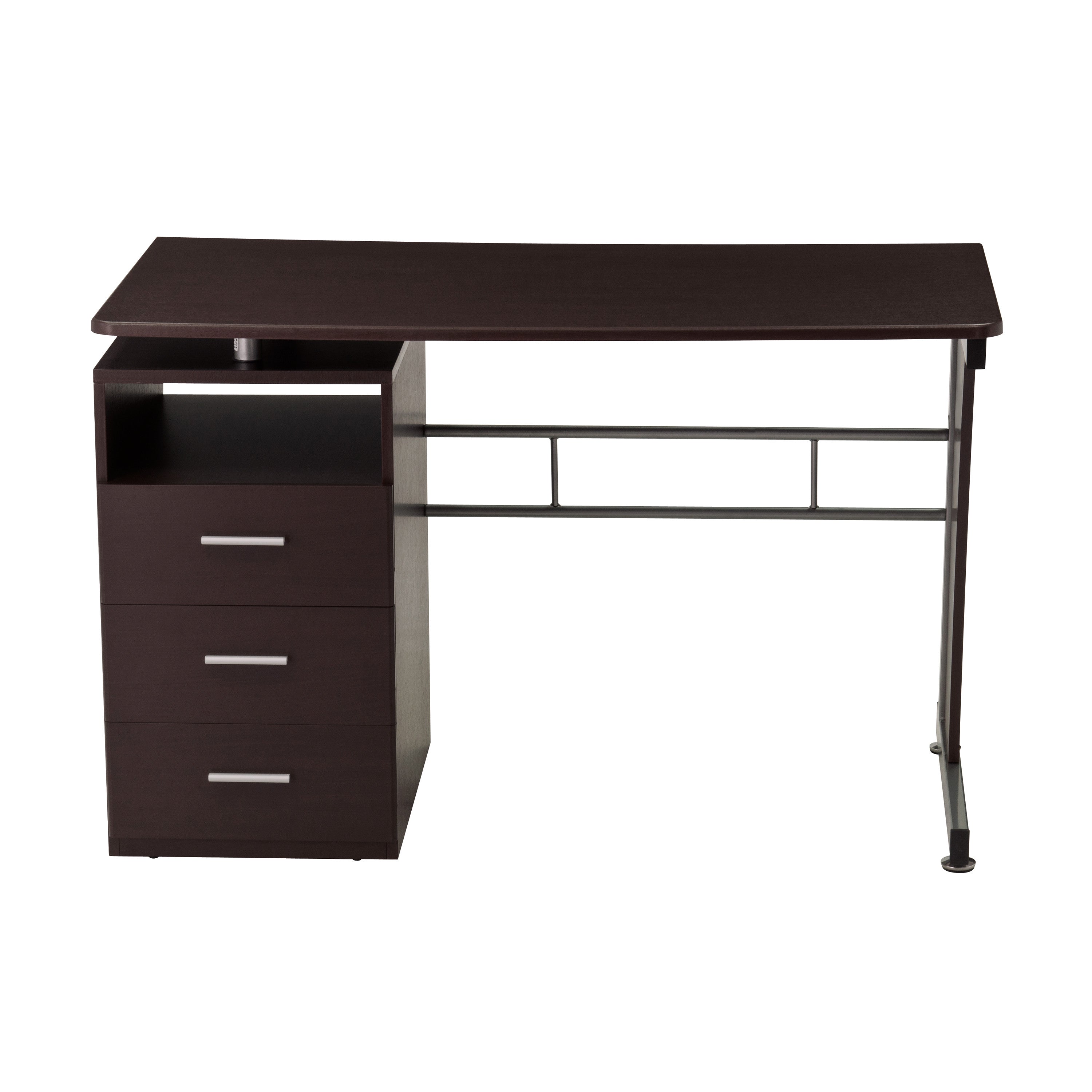 48" Chocolate Wood and Steel Pedestal Computer Desk With Three Drawers