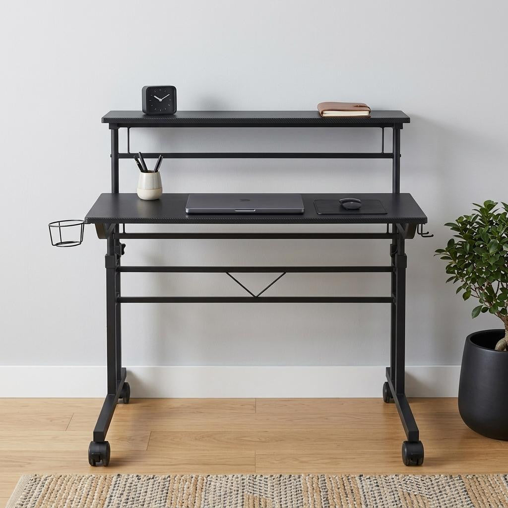 Adjustable Black Wood and Stainless Steel Rolling Writing Desk