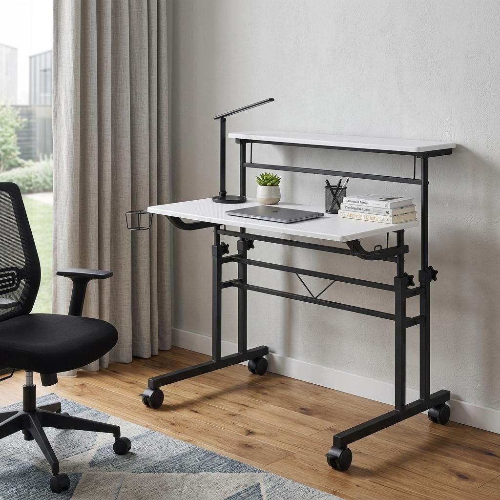 Adjustable White and Black Wood and Stainless Steel Rolling Writing Desk