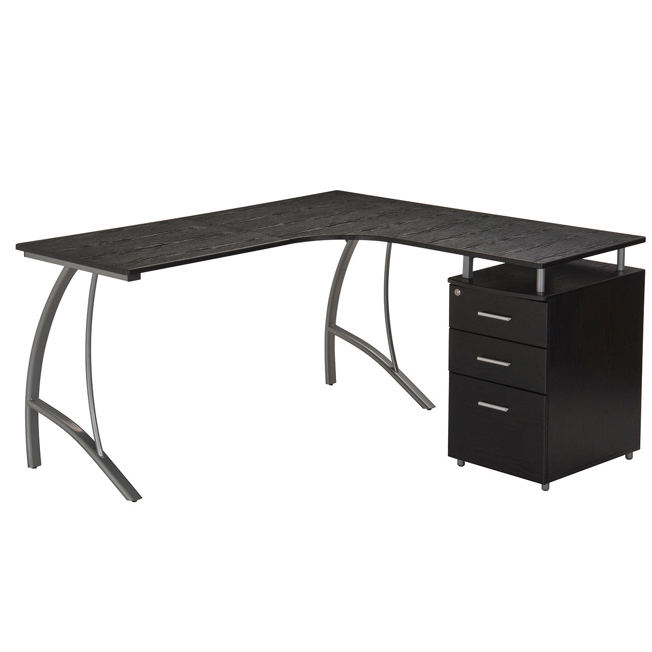 59" Espresso and Silver Wood and Steel L Shape Pedestal Computer Desk With Three Drawers