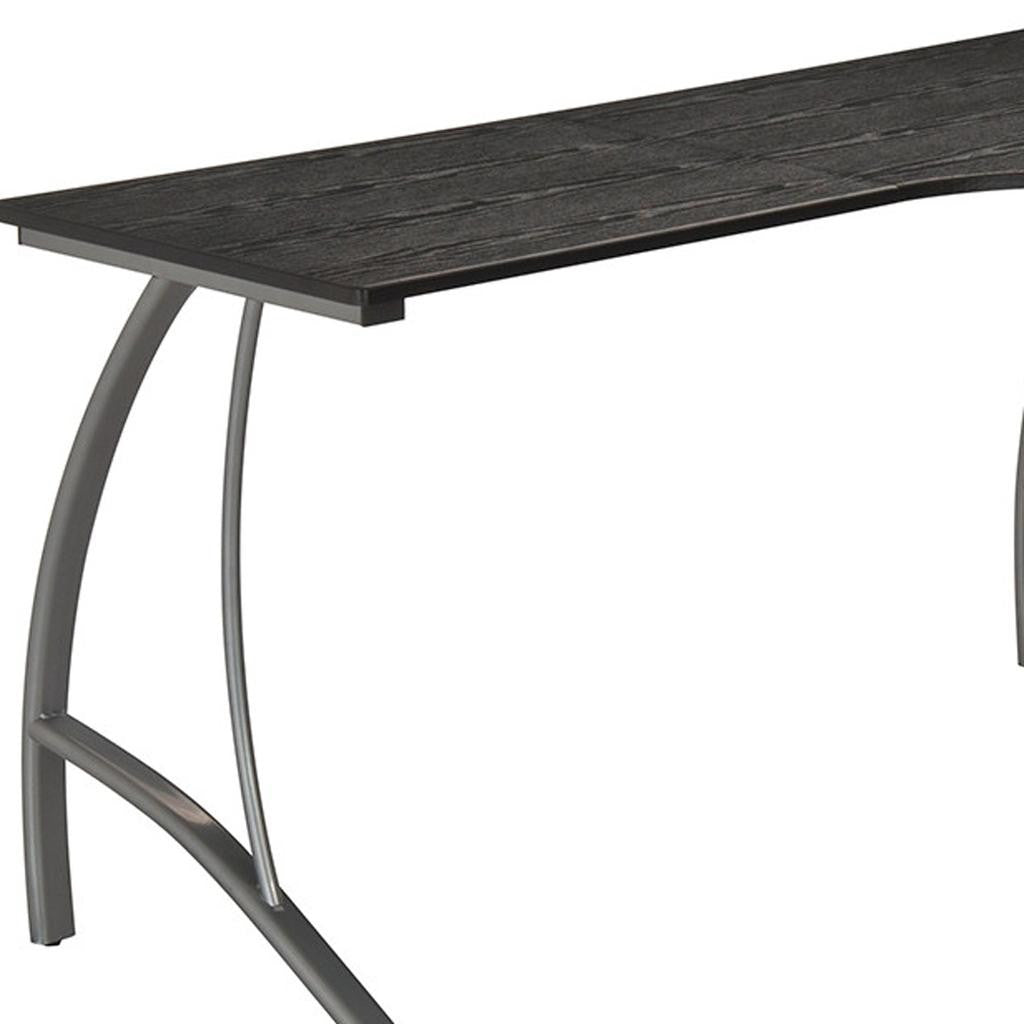 59" Espresso and Silver Wood and Steel L Shape Pedestal Computer Desk With Three Drawers