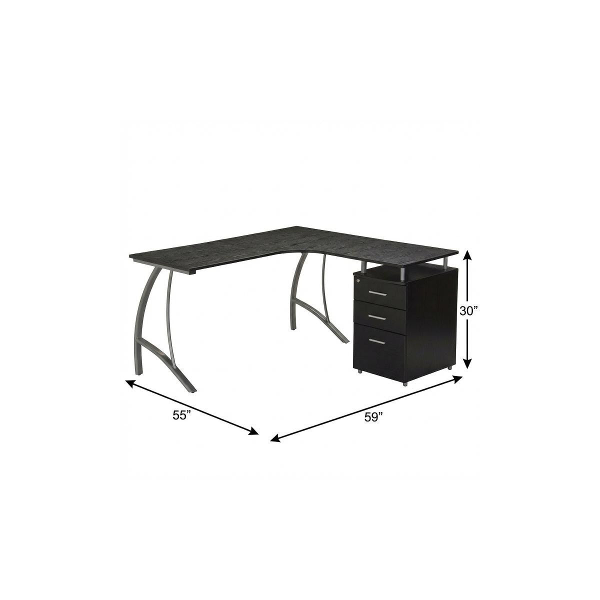 59" Espresso and Silver Wood and Steel L Shape Pedestal Computer Desk With Three Drawers