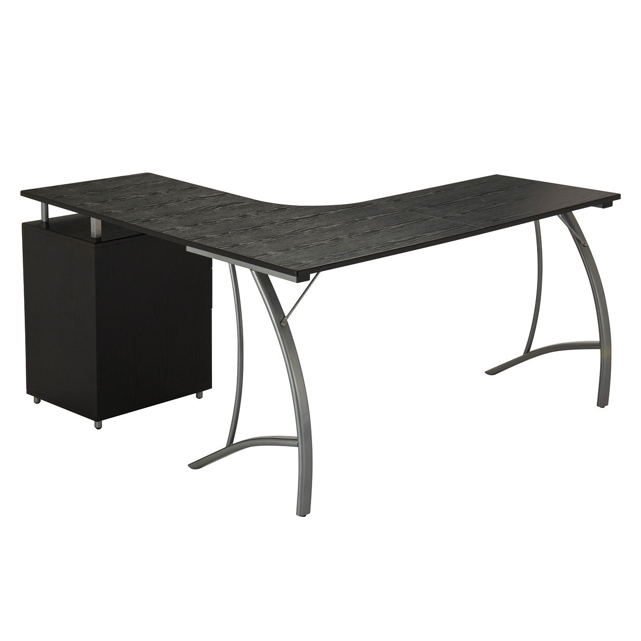59" Espresso and Silver Wood and Steel L Shape Pedestal Computer Desk With Three Drawers