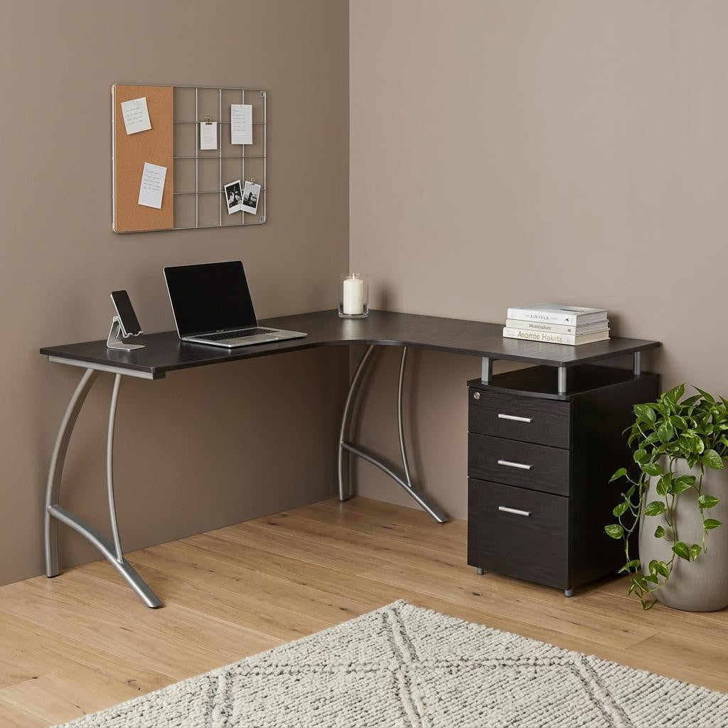 59" Espresso and Silver Wood and Steel L Shape Pedestal Computer Desk With Three Drawers