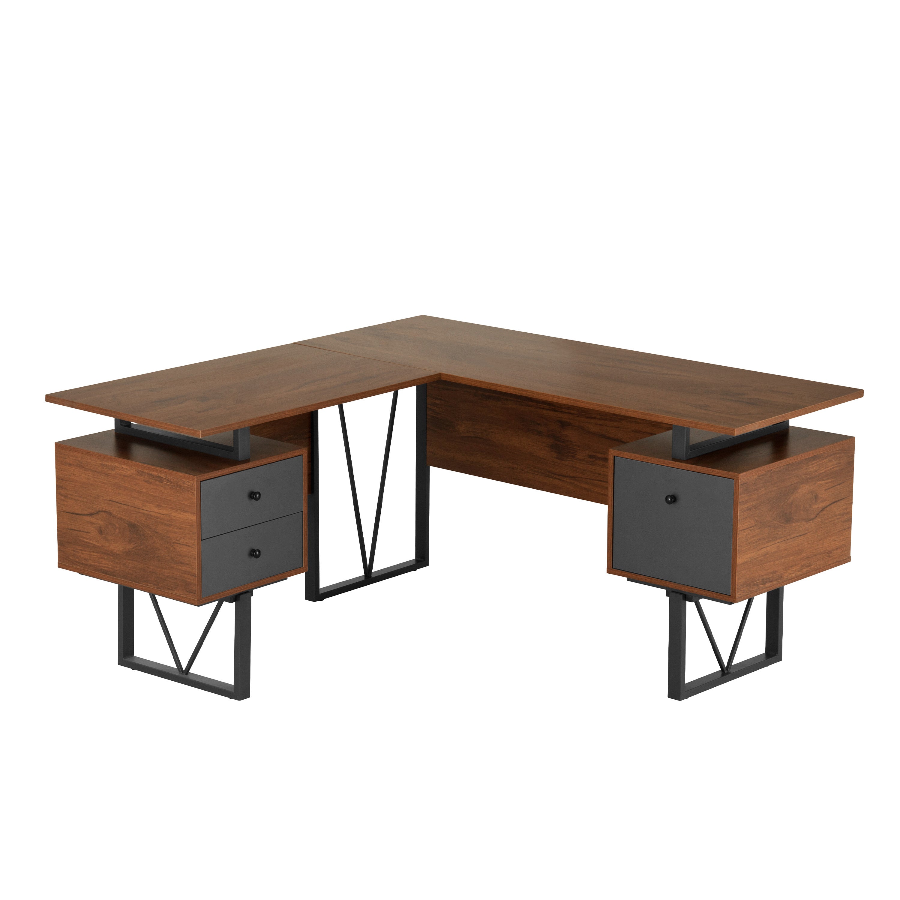 59" Walnut and Gray Wood and Steel L Shape Pedestal Computer Desk With Three Drawers
